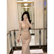 批发实拍实价！小众设计收腰显瘦蕾丝拼接设计长款网纱连衣裙