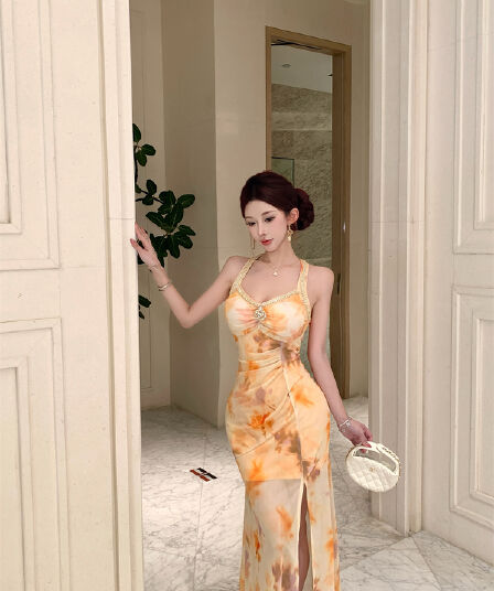 실사 정가 섹시함 망사 프린트 허리 펌프 Pleat 무거운 작업 못 훈련 행침 목 몸매 가꾸기 드레스