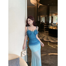 批发实拍实价性感<b class='q'>网纱</b>立体花朵渐变吊带连衣裙收腰高级感修身开叉<b class='q'>长裙</b>