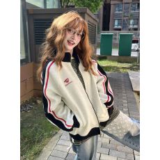 批发国潮牌美式复古撞色运动立领卫衣女春秋新款宽松<b class='q'>开衫</b>休闲情侣外套