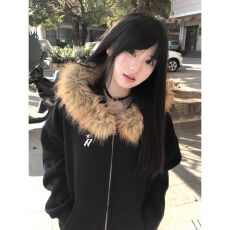 批发美式复古毛领连帽卫衣<b class='q'>女</b>秋季拉链开衫外套宽松高级感休闲情侣上衣