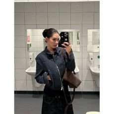 批发美式复古铆钉短款夹克高级质感翻领外套女辣妹休闲百搭上衣