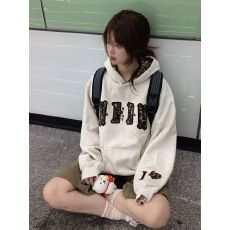 美式复古国潮牌豹纹字母刺绣拼接连帽卫衣女学院风上衣外套宽松款