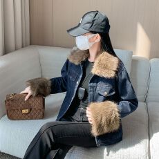 批发实拍实价~毛绒拼接复古加绒牛仔外套女冬季翻领宽松长袖保暖上衣