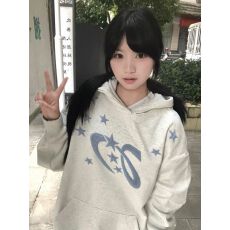 批发美式复古毛绒星星贴布刺绣连帽卫衣女秋冬设计感小众宽松<b class='q'>情侣</b><b class='q'>外套</b>