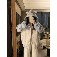 批发实价可爱猫咪魔术贴撞色连帽外套女2025秋冬款<b class='q'>甜美</b>百搭棒球服夹克