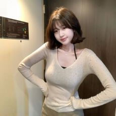 批发纯欲辣妹风重工烫钻针织打底衫女内搭春装<b class='q'>新款</b>韩系设计感V领上衣