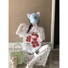 批发清新甜美番茄印花纯欲盐系复古短袖t恤<b class='q'>女</b>夏季纯棉休闲多巴胺上衣