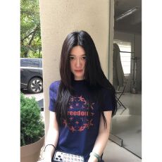 批发韩系复古藏青色正肩短袖字母t恤<b class='q'>女</b>夏季修身显瘦星星印花辣妹上衣