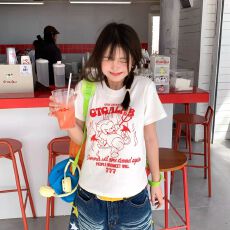 批发2026美式复古白色宽松卡通印花上衣休闲百搭纯欲显瘦<b class='q'>女</b>装短袖T恤