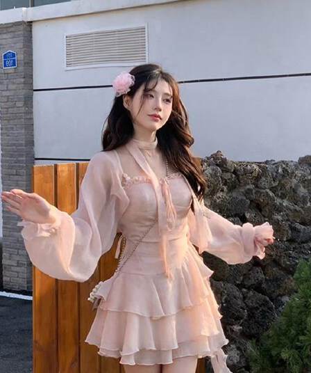 마이크로 지방 부드러운 달콤함 프릴 슬립 여성 드레스 여름 작은 키 허리 수축 슬림해 보이는 미니 스커트 오픈 가디건 세트