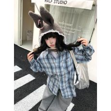 批发轻奢高级感蓝色格纹衬衫外套女2026新款宽松休闲遮肉<b class='q'>中长款</b>衬衣