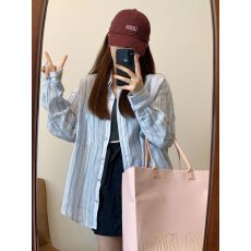 批发蓝色条纹polo领长袖衬衫女装夏季薄款宽松防晒衬衣<b class='q'>中长款</b>上衣