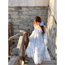 批发蓝色碎花吊带<b class='q'>连衣裙</b>开春海边度假风法式荷叶边仙女长裙子