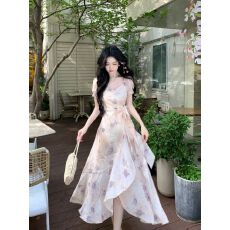 批发月关<b class='q'>蔷薇</b> 法式气质优雅紫碎花不规则荷叶边收腰显瘦连衣裙夏 ￼