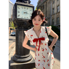 批发酒渍樱桃蝴蝶结小飞袖连衣裙甜美风收腰显瘦设计感甜辣印花短裙<b class='q'>子</b>