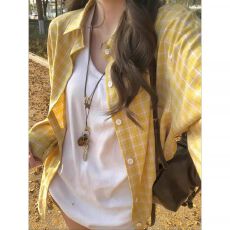 批发春日ootd穿搭黄色长袖衬衫<b class='q'>女款</b>2026新款早春格子衬衣减龄洋气上衣