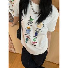 批发韩国chic纯棉美式复古正肩t恤夏季涂鸦印花短袖修身显瘦辣妹上衣