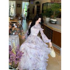 批发Blovelan蝶栖流霞 气质露肩不规则荷叶边蝴蝶印花<b class='q'>长袖</b><b class='q'>连衣</b>裙春季