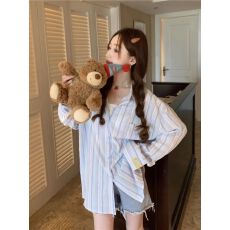 批发原布条纹条纹Polo领蓝色衬衫<b class='q'>外套</b>女秋季宽松休闲衬衣中长款上衣