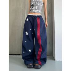 批发辣到中暑美式辣妹街头嘻哈风星星条纹阔腿速干裤宽松垂坠感休闲裤