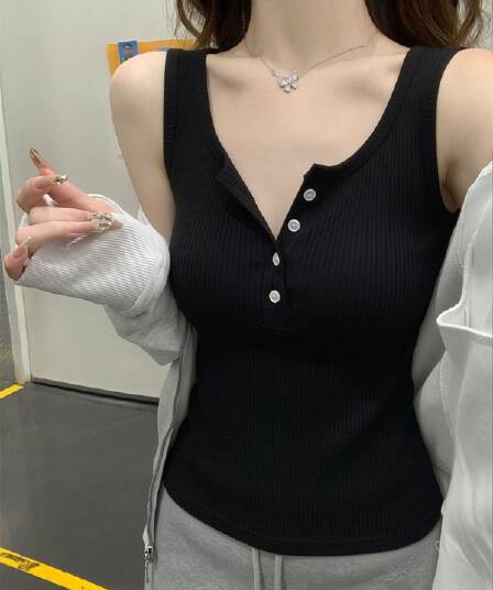 광장 칼라 캐미솔 정장 인사이드 가져 가라. 표지 대리인 우유 만나는 맨위 여름 외출용 얇은 스타일 니트 민소매 티셔츠