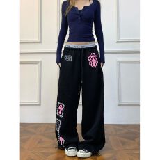 批发纯棉复合小众哥特风创意印花休闲裤<b class='q'>男</b>女宽松阔腿设计感抽绳卫裤