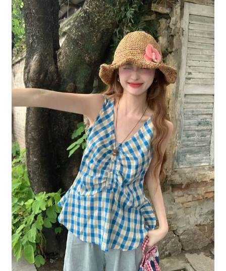 순면 셔틀 직물 한 부서 달콤함 체크무늬 조끼 여성 여름 허리 수축 슬림해 보이는 주름 배색 V넥 작은 맨위