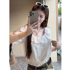 批发原版人棉面料水溶花边荷叶边夏季韩版设计感宽松短款露肩上衣