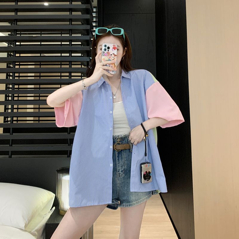 말 카드 용 배색 블루 스트라이프 패치워크 반팔 여성 셔츠 여름 디자인 센스 작은 대중 Chic POLO 칼라 맨위 서비스
