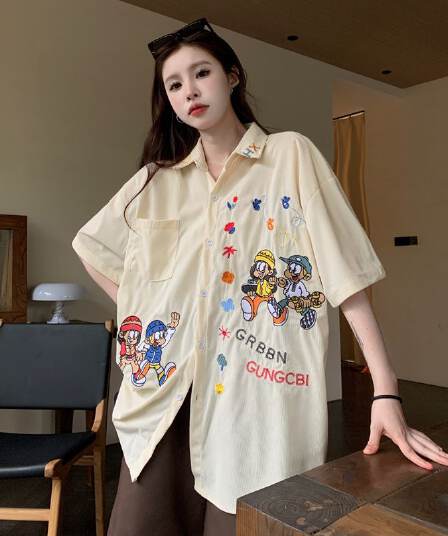 아메리칸 레트로 무거운 작업 자수 코듀로이 반팔 셔츠 여름 커플 루즈핏 느긋한 바람 캐주얼 셔츠 오픈 가디건