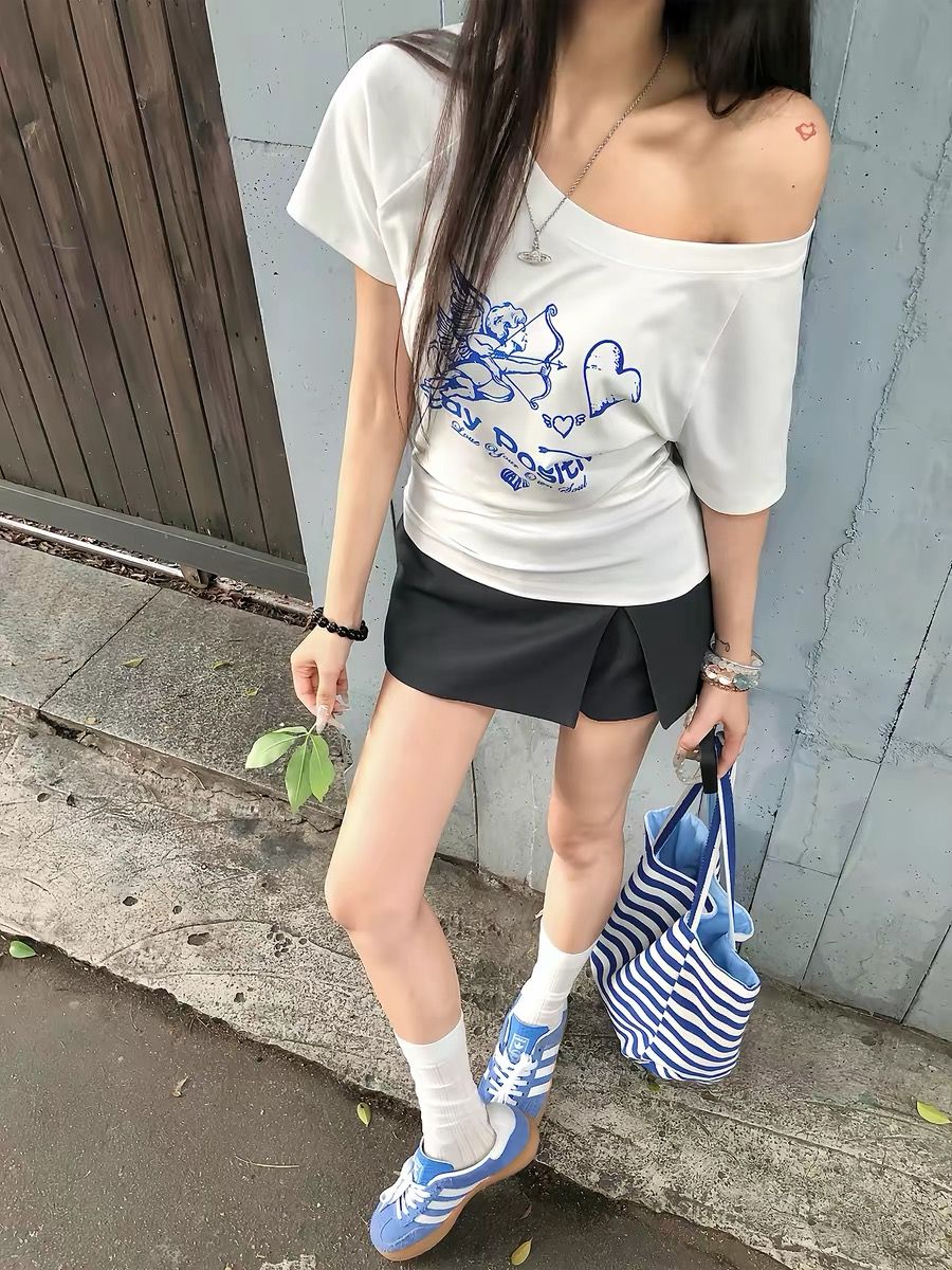220 그램 92 면 8 암모니아 Lun 아메리칸 핫걸 비스듬한 어깨 알파벳 프린트 반팔 티셔츠 여성