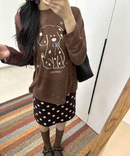 멩 이자 달마 시안 프린트 라운드 넥 긴팔 블라우스 루즈핏 느긋한 캐주얼 얇은 스타일 티셔츠 봄 소녀