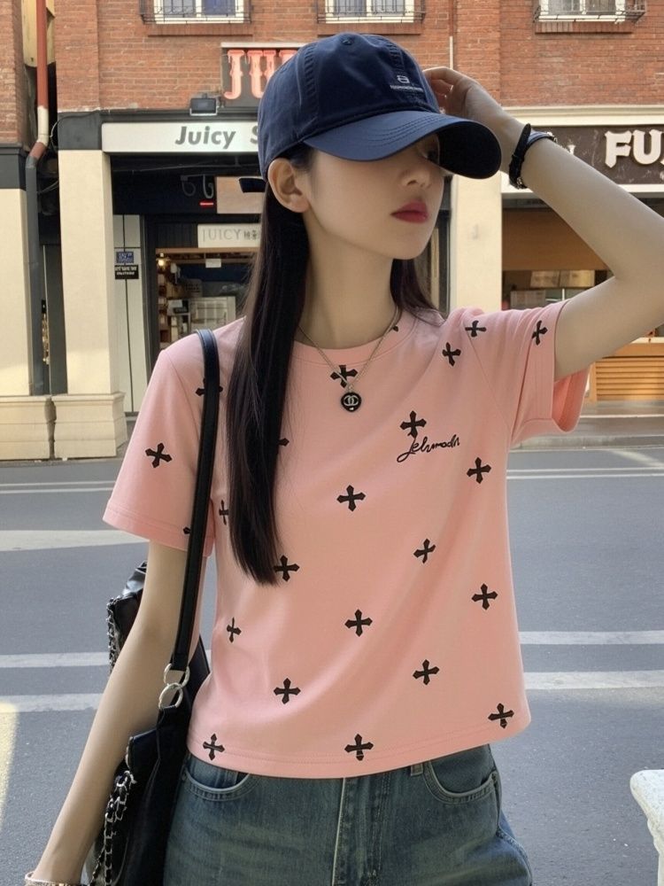 한 부서 레트로 패치워크 십자가 알파벳 반팔 티셔츠 여성 여름 몸매 가꾸기 슬림해 보이는 디자인 센스 다용도 맨위 트렌디