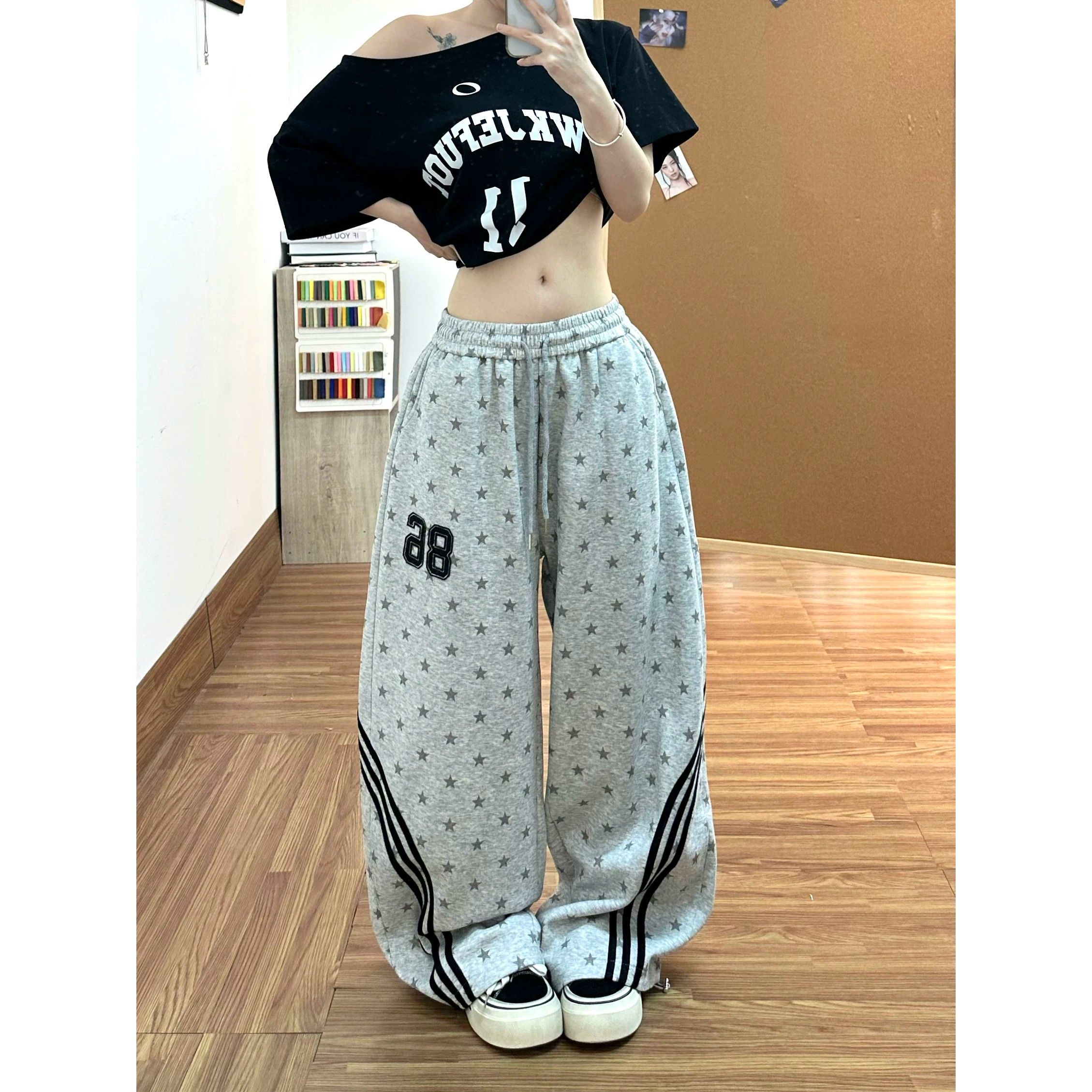 순면 자수 별 전체 인쇄 3개 바 넓은 다리 웨이 바지 여성 루즈핏 hiphop 운동 조수 브랜드 모통이 칼 긴 바지