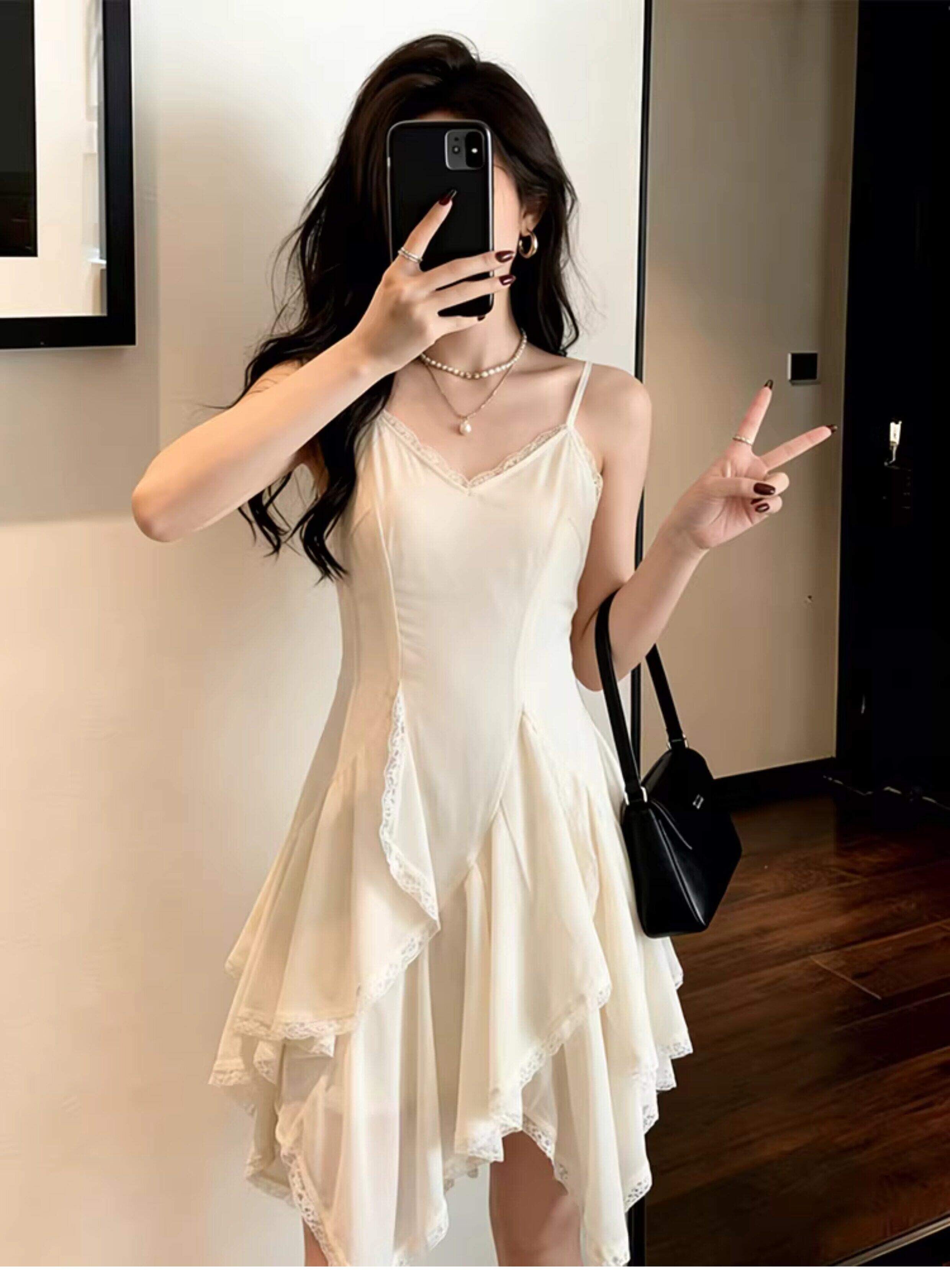 두꺼운 쉬폰 원단 네리 Tulle 레이스 슬립 여성 드레스 2026 여름 새로운 불규칙 미니 스커트
