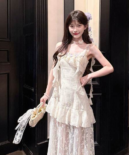 부드러운 바람 자수 레이스 조각 슬립 여성 드레스 여름 새로운 휴가 프릴 리본 요정 롱 스커트