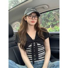 批发随心裁韩系条纹蝴蝶结V领短袖T恤女夏季修身显瘦绑带正肩上衣