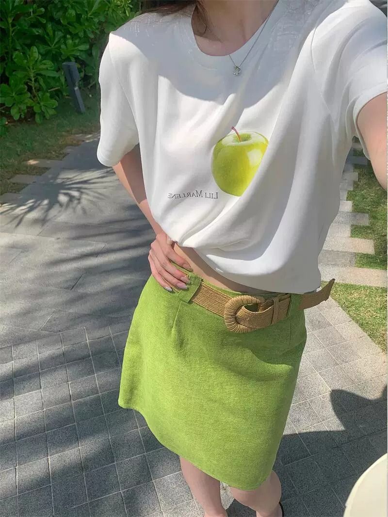 hers 미니멀리즘 일상 캐주얼 调性 애플 패턴 반팔 티셔츠 다용도 슬림해 보이는 맨위