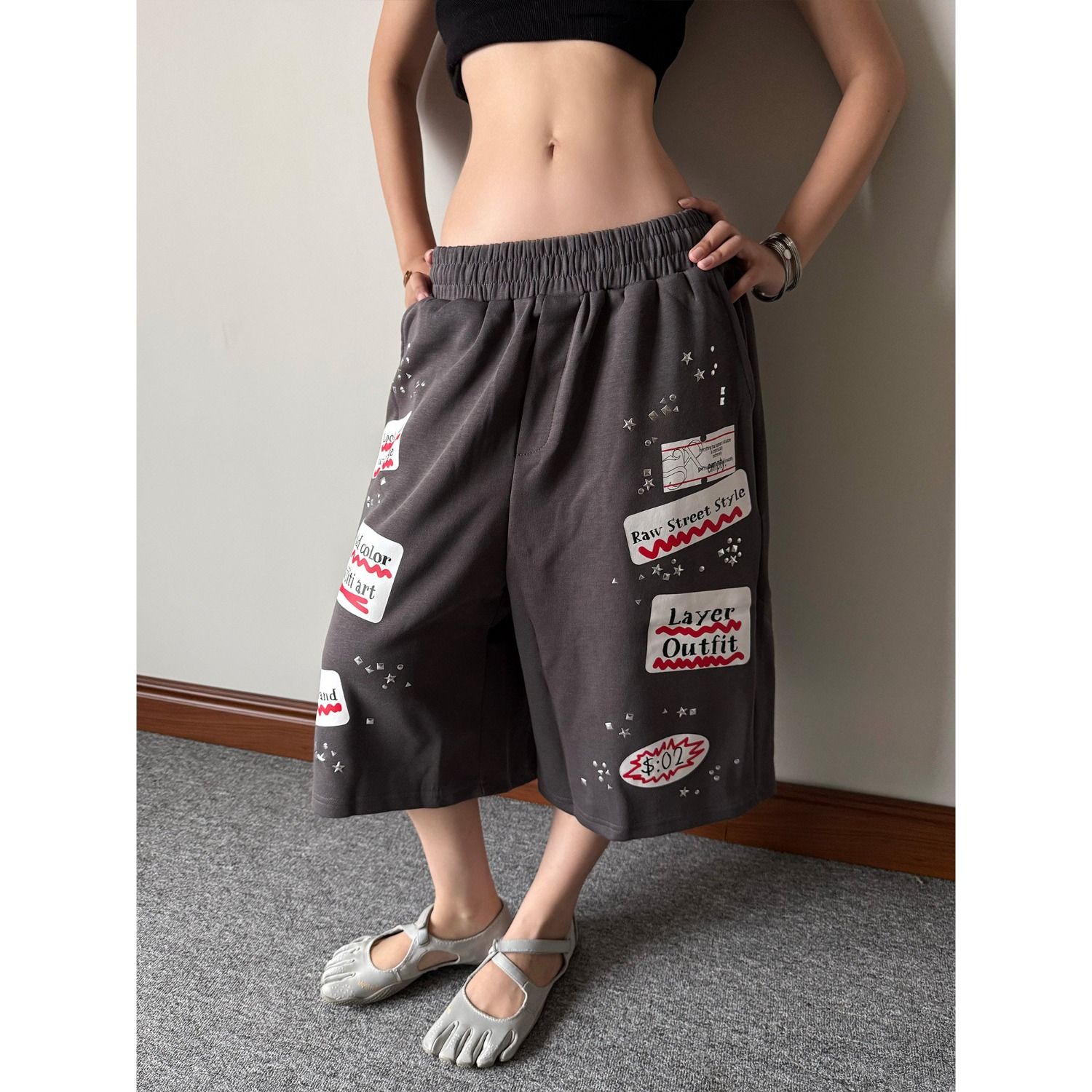 순면 징 질감 핫걸 도파민 로즈 레드 오부 바지 여성 여름 루즈핏 웃음 하 패치 웨이 바지