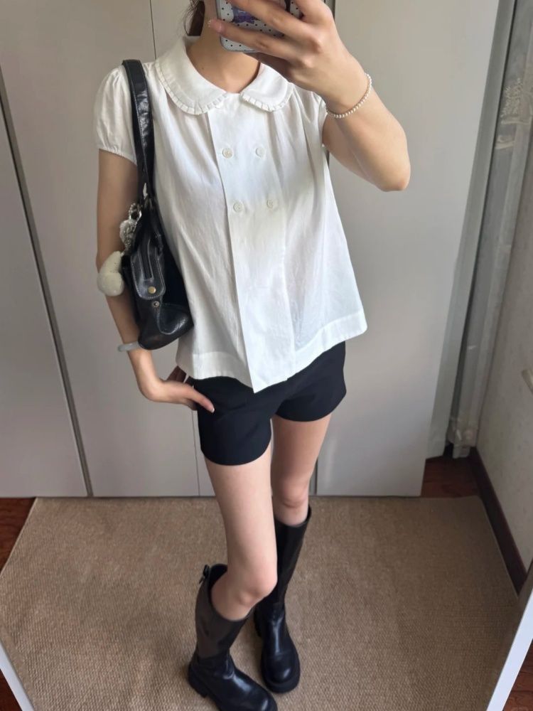 부서 달콤한 스타일 베이비 칼라 거품 소매 여성 셔츠 여름 화이트 슬림해 보이는 이중 버튼 디자인 센스