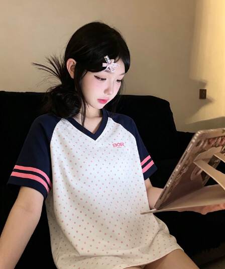 루즈핏 에디션 천 프린트 19 지점 220 그램 순면 삽입 어깨 소매 반팔 티셔츠 여성