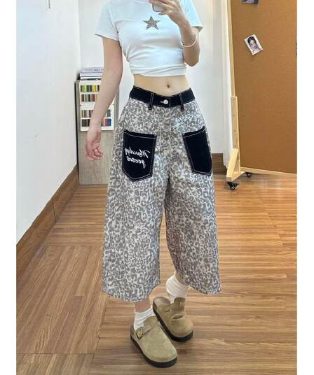 아메리칸 레오파드 무늬 패치 주머니 7 점 청바지 여자 여름 루즈핏 스트레이트 바지 캐주얼 다용도 와이드 레그 팬츠