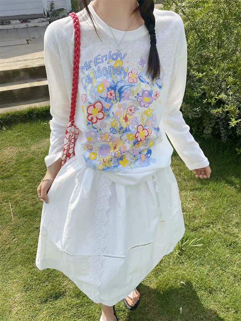 식물 꽃무늬 프린트 긴팔 티셔츠 느긋한 가벼움 통기성 에어컨 블라우스 자외선 차단 화이트 맨위 여성