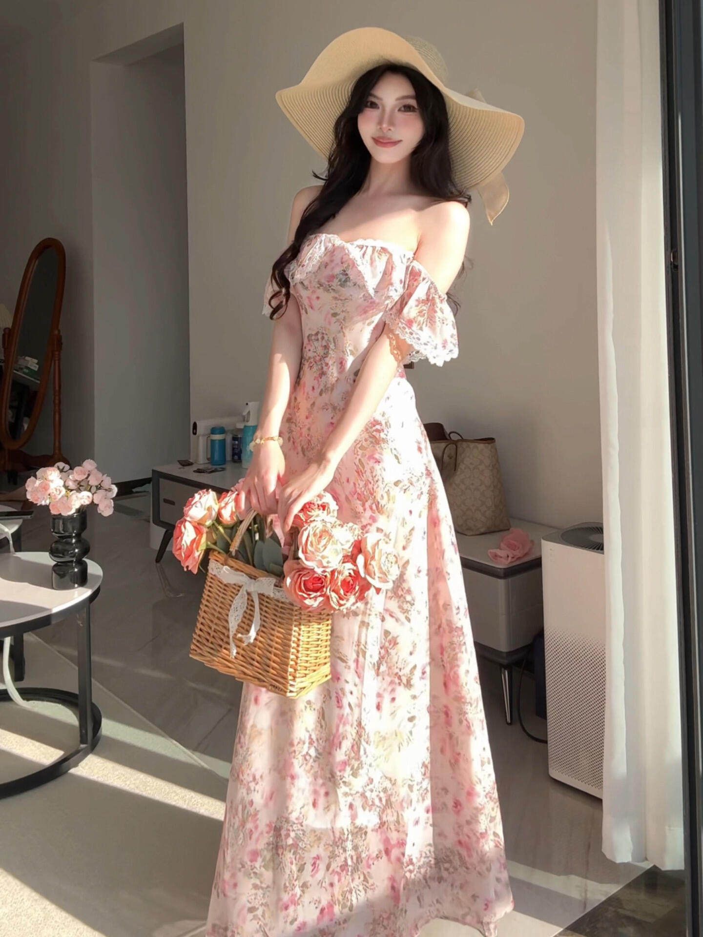 오프숄더 프랑스식 깨진 꽃차 휴식 여성 드레스 여름 휴가 부드러운 바람 롱 스커트 허리 수축 아름다운 품격 치마