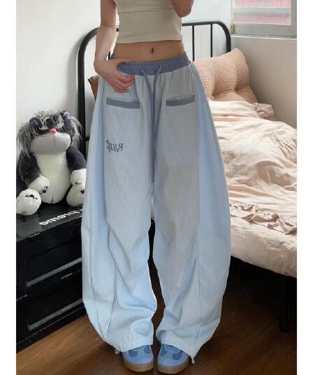 원본 품질 자수 핑크색 스트라이프 모통이 칼 바지 여성 새로운 루즈핏 넓은 다리 운동 스트리트 댄스 캐주얼 바지