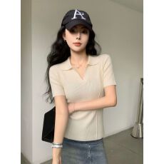 批发法式polo衫翻领设计感<b class='q'>修身</b>短袖T恤女春夏季针织内搭v领<b class='q'>打底衫</b>上衣