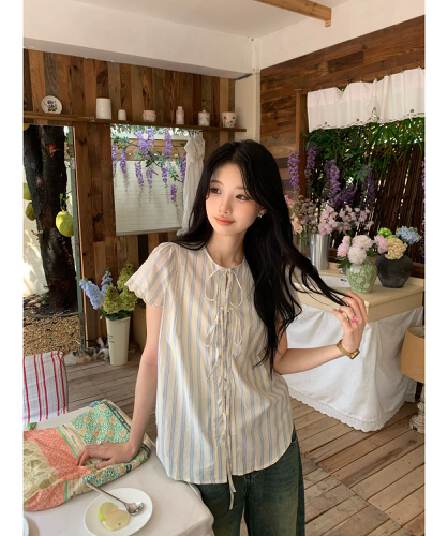 원본 셔틀 제직 기사 한 부서 스트라이프 반팔 여성 셔츠 여름 레이스 소매 레이스업 셔츠 루즈핏 캐주얼