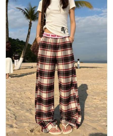 원본 체크무늬 복합 인사이드 테두리 패치워크 체크무늬 캐주얼 와이드 레그 팬츠 남녀 사계절 루즈핏 디자인 센스 긴 바지