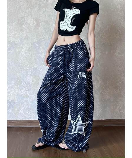 원본 면 컬러 짜임 별 패치 자수 도트 무늬 웨이 바지 여성 빛 아시아 인 바람 와이드 레그 팬츠 느긋한 도루 센스 캐주얼 바지